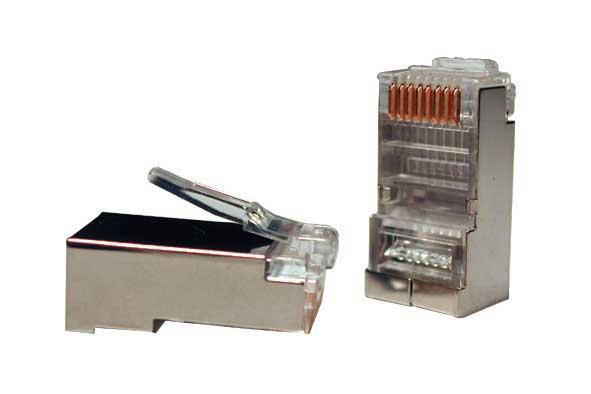 Разъем RJ-45(8P8C) под витую пару, категория 5e (50 µ"/ 50 микродюймов), экранированный, универсальный (для одножильного и многожильного кабеля) (100 шт) Hyperline PLUG-8P8C-U-C5-SH-100